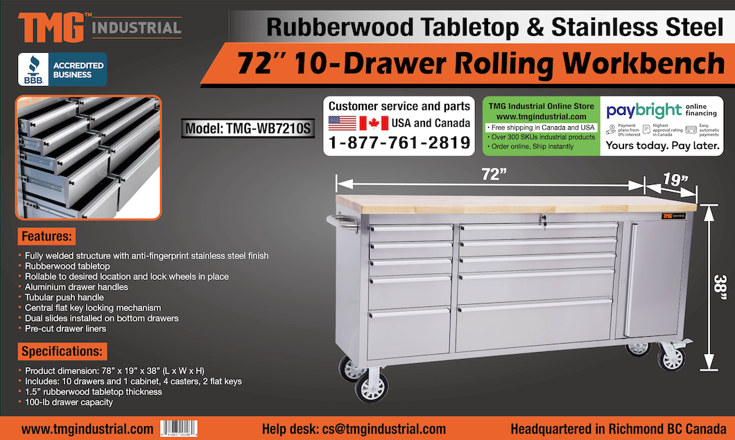TMG Industrial 72” Stainless Steel Rolling Workbench, Rubberwood Tabletop, Lockable Drawers and Cabinet, Locking Wheels, TMG-WB7210S