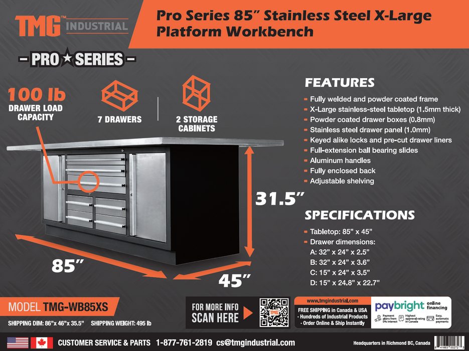 TMG Industrial Pro Series Stainless-Steel Extra-Large 85” x 45” Platform Workbench, 7 Lockable Drawers, 2 Storage Cabinets, Adjustable Shelving, All-in-One Welded Frame, TMG-WB85XS