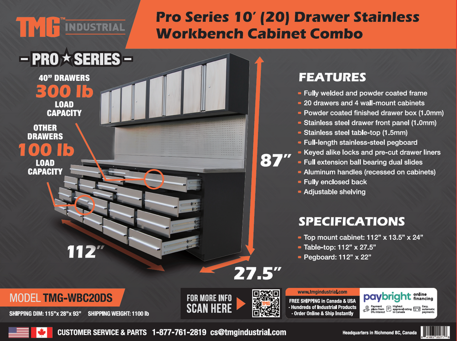 TMG Industrial Pro Series 10-FT 20 Drawer Stainless Steel Workbench Cabinet Combo, Stainless Steel Tabletop, Pegboard and Drawer Fronts, 20 Lockable Drawers, Wall-Mounted Cabinets, Adjustable Shelving, Fully All-in-one Welded Frame, TMG-WBC20DS