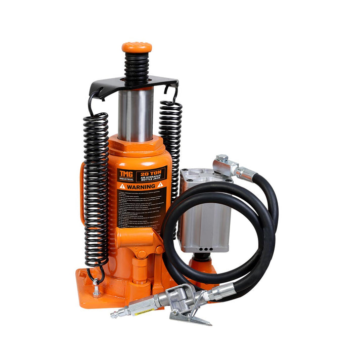 TMG Industrial 20 Ton Air Hydraulic Bottle Jack, Manual & Pneumatic Control, Double Springs, 20” Lift Height, TMG-AJA20