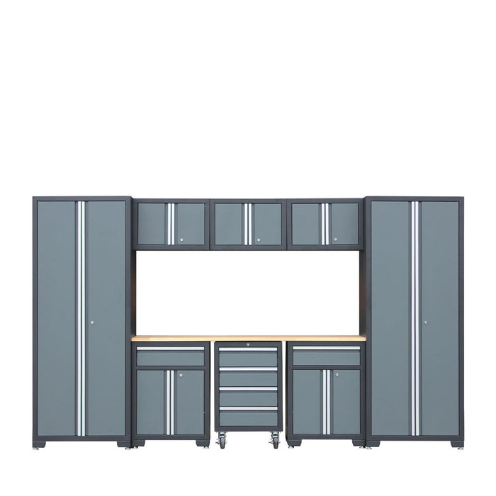 TMG Industrial Pro Series 9-Piece Garage Storage Cabinet Combo Set w/Rolling Cabinet, Rubber Wood Tabletop, Recessed Aluminum Handles, TMG-GCC09B