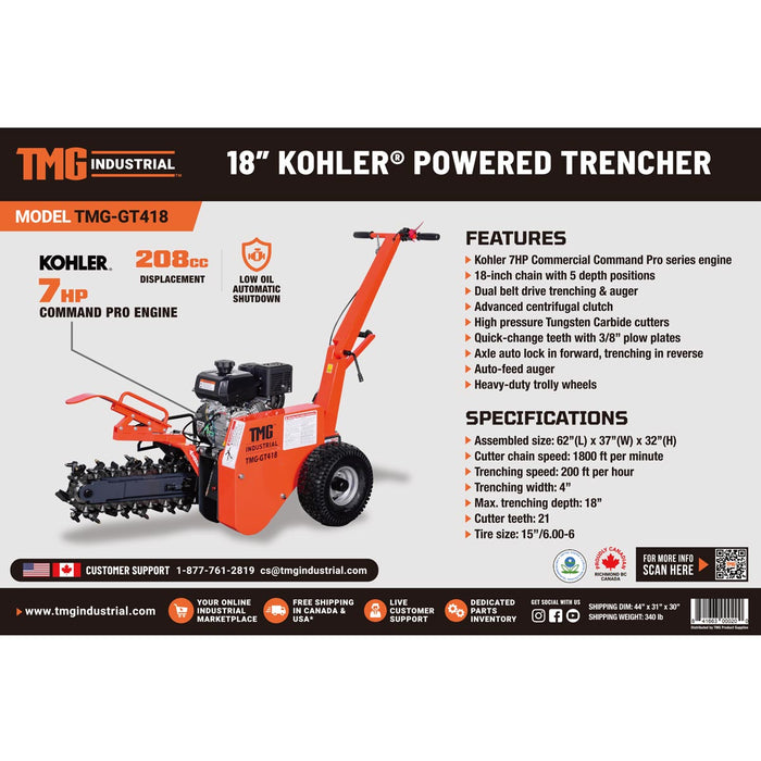 TMG Industrial 18” Self-Propelled Kohler Powered Trenching Machine, 4” Trench Width, 18” Trench Depth, 7 HP Gasoline Engine, Auto-Feed Auger, TMG-GT418