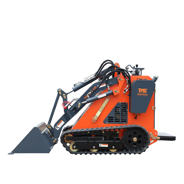 TMG Industrial Stand-On Mini Track Loader, 22 HP Honda Engine, Eaton Hydraulic Motor, Permco Hydraulic Pump, Italian Hydro Control Valve, Joystick Controls, 750 lb Load Capacity, Smooth Bucket Included, TMG-MVL22H
