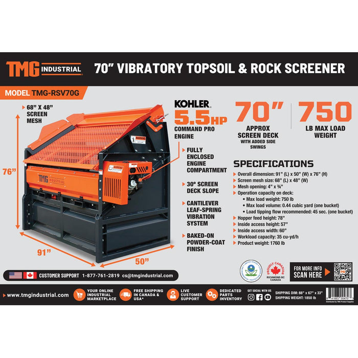 TMG Industrial 70” Vibratory Topsoil Rock Screen, 5.5 HP Kohler Engine, Cantilever Leaf-Springs, 30° Screen Deck, TMG-RSV70G
