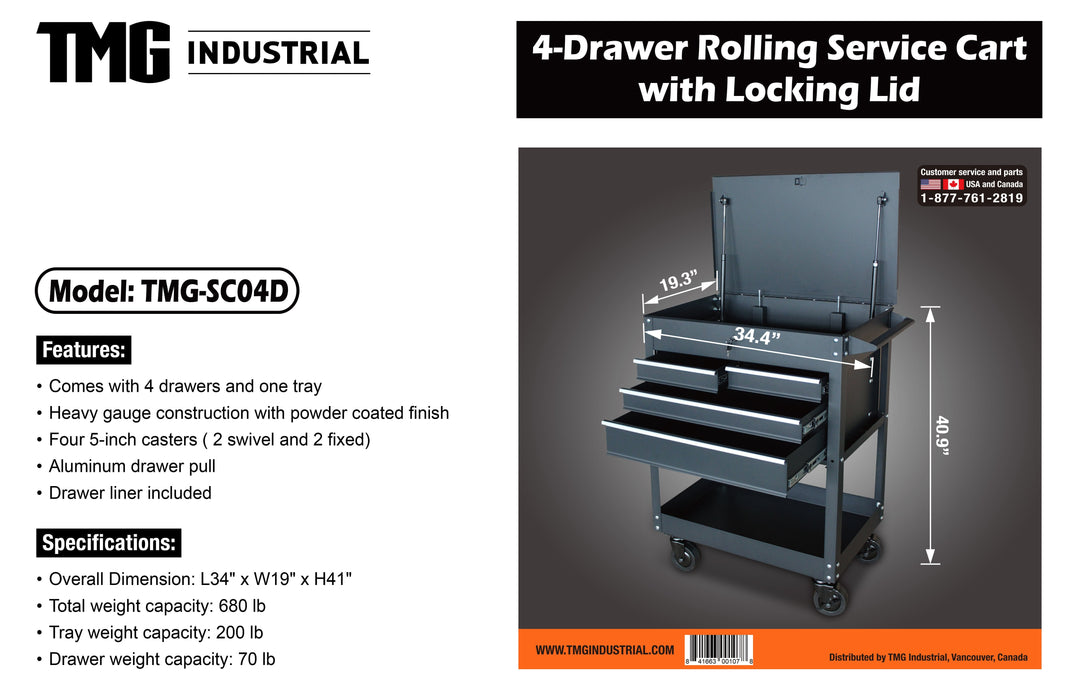 4-Drawer Rolling Service Cart with Locking Lid