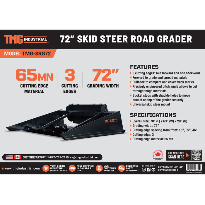 TMG Industrial 72” Skid Steer Road Grader, Bucket Stops w/Shackle Holes, Forward/Backward Cutting Edges, Grading, Spreading & Leveling, TMG-SRG72