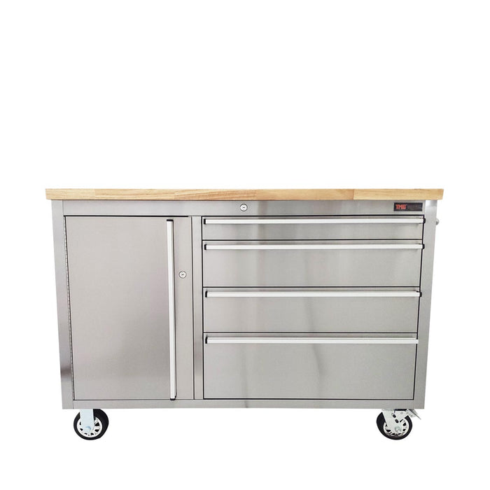 TMG Industrial 48” Stainless Steel Rolling Workbench, Rubberwood Tabletop, Lockable Drawers and Cabinet, Locking Wheels, TMG-WB4804S