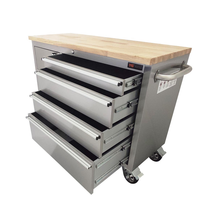 TMG Industrial 48” Stainless Steel Rolling Workbench, Rubberwood Tabletop, Lockable Drawers and Cabinet, Locking Wheels, TMG-WB4804S