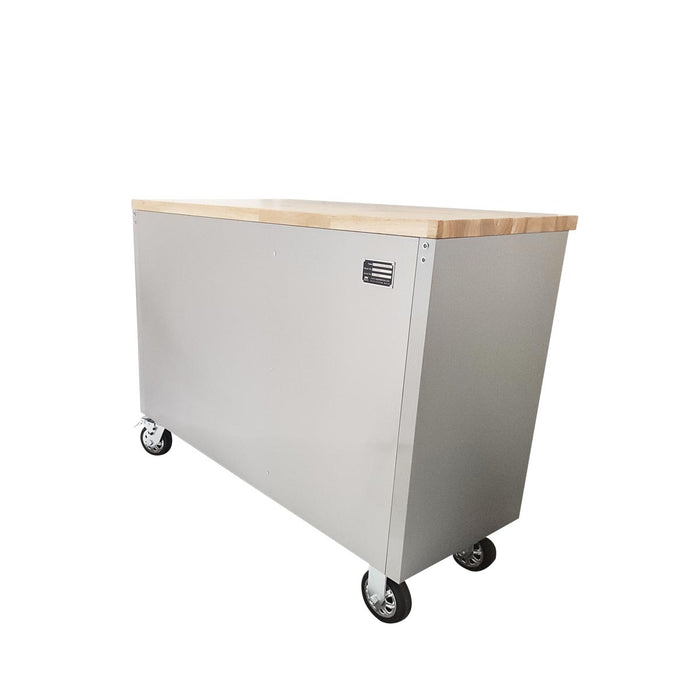 TMG Industrial 48” Stainless Steel Rolling Workbench, Rubberwood Tabletop, Lockable Drawers and Cabinet, Locking Wheels, TMG-WB4804S
