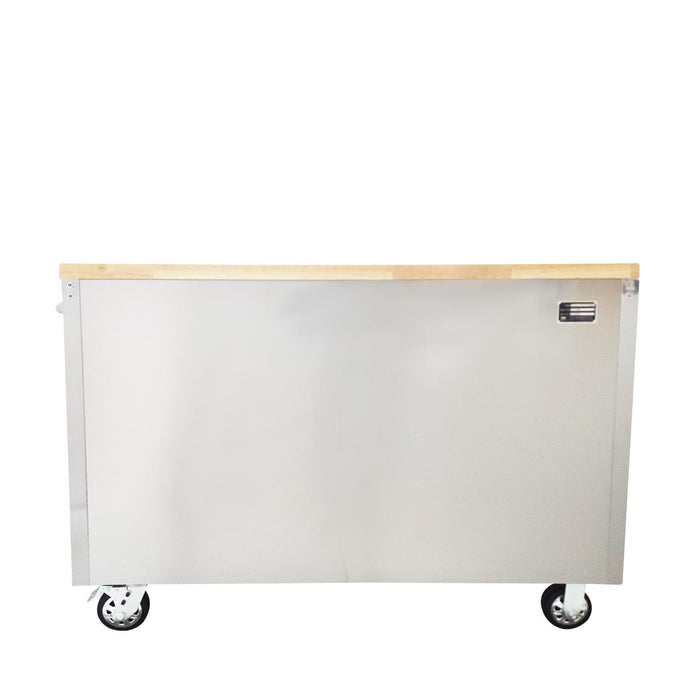 TMG Industrial 48” Stainless Steel Rolling Workbench, Rubberwood Tabletop, Lockable Drawers and Cabinet, Locking Wheels, TMG-WB4804S