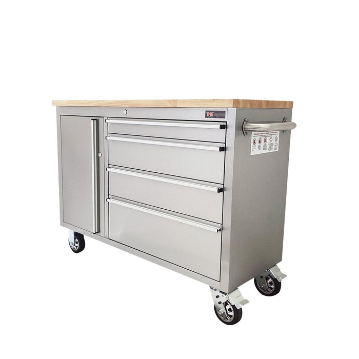 TMG Industrial 48” Stainless Steel Rolling Workbench, Rubberwood Tabletop, Lockable Drawers and Cabinet, Locking Wheels, TMG-WB4804S