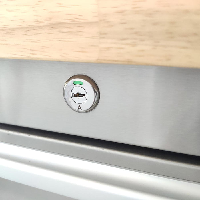 TMG Industrial 48” Stainless Steel Rolling Workbench, Rubberwood Tabletop, Lockable Drawers and Cabinet, Locking Wheels, TMG-WB4804S