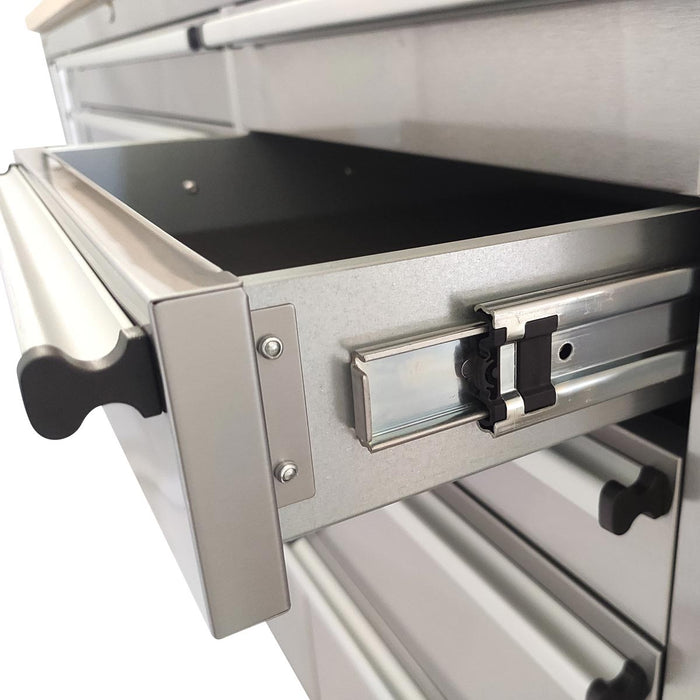 TMG Industrial 48” Stainless Steel Rolling Workbench, Rubberwood Tabletop, Lockable Drawers and Cabinet, Locking Wheels, TMG-WB4804S