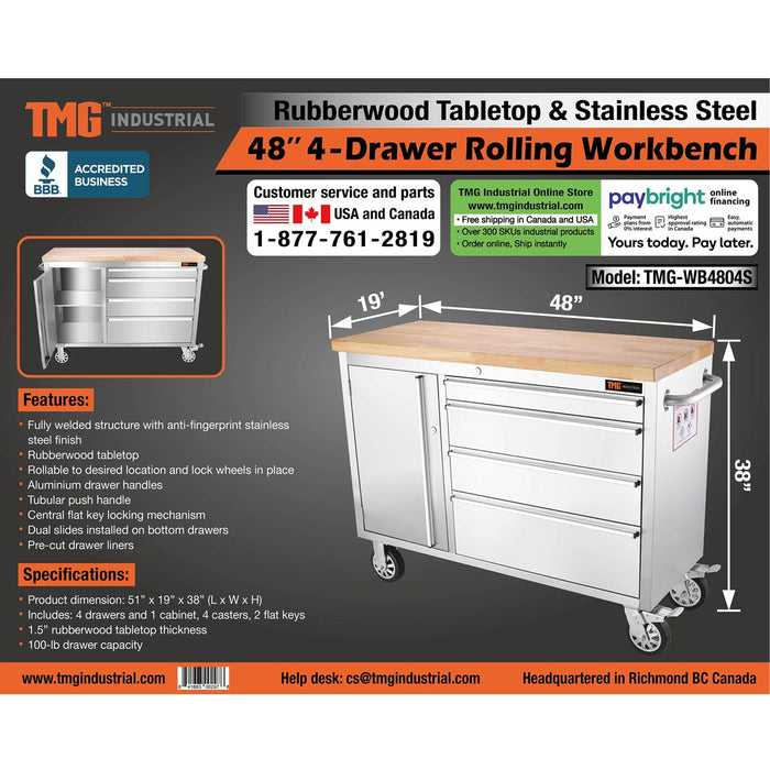 TMG Industrial 48” Stainless Steel Rolling Workbench, Rubberwood Tabletop, Lockable Drawers and Cabinet, Locking Wheels, TMG-WB4804S