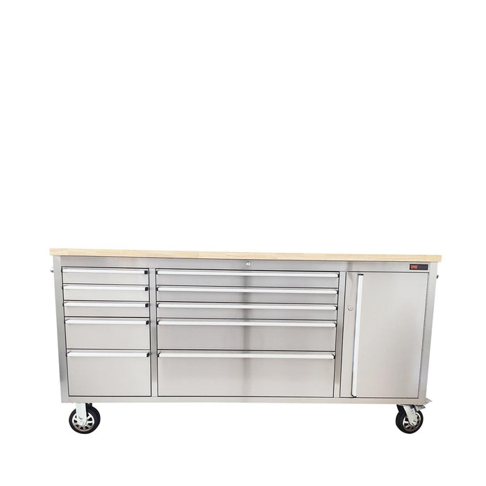 TMG Industrial 72” Stainless Steel Rolling Workbench, Rubberwood Tabletop, Lockable Drawers and Cabinet, Locking Wheels, TMG-WB7210S