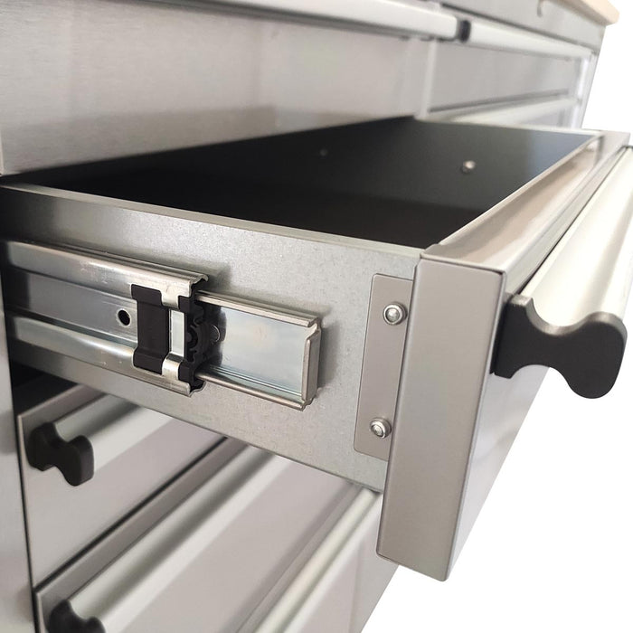 TMG Industrial 72” Stainless Steel Rolling Workbench, Rubberwood Tabletop, Lockable Drawers and Cabinet, Locking Wheels, TMG-WB7210S