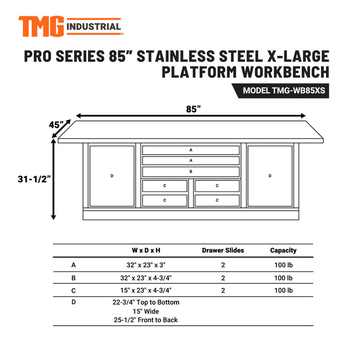 TMG Industrial Pro Series Stainless-Steel Extra-Large 85” x 45” Platform Workbench, 7 Lockable Drawers, 2 Storage Cabinets, Adjustable Shelving, All-in-One Welded Frame, TMG-WB85XS
