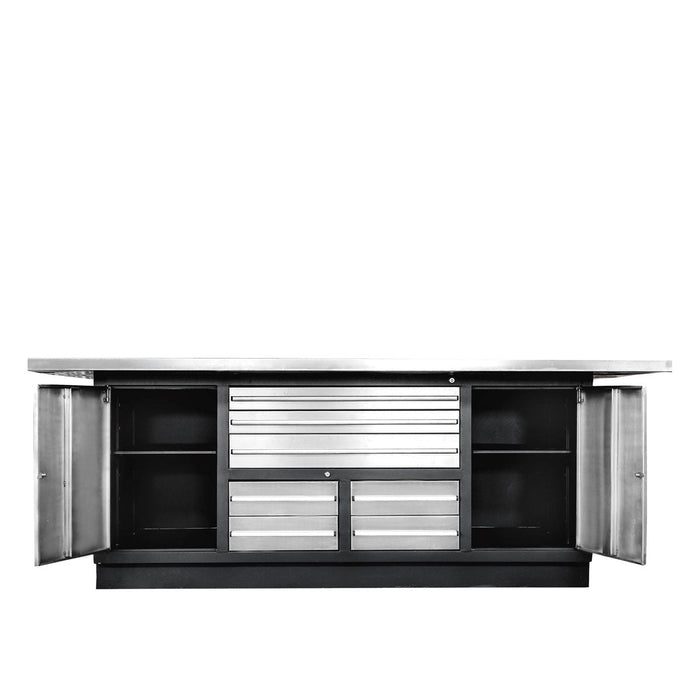 TMG Industrial Pro Series Stainless-Steel Extra-Large 85” x 45” Platform Workbench, 7 Lockable Drawers, 2 Storage Cabinets, Adjustable Shelving, All-in-One Welded Frame, TMG-WB85XS