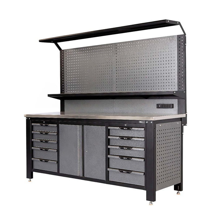 TMG Industrial 7’ Extreme Duty Steel Garage Workbench w/Pegboards, Adjustable Shelving, Power Outlets, USB Port, Magnetic Motion LED Lamps, TMG-WBC07