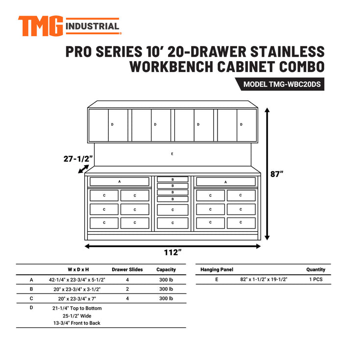 TMG Industrial Pro Series 10-FT 20 Drawer Stainless Steel Workbench Cabinet Combo, Stainless Steel Tabletop, Pegboard and Drawer Fronts, 20 Lockable Drawers, Wall-Mounted Cabinets, Adjustable Shelving, Fully All-in-one Welded Frame, TMG-WBC20DS