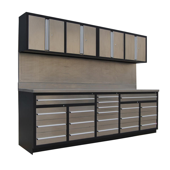 TMG Industrial Pro Series 10-FT 20 Drawer Stainless Steel Workbench Cabinet Combo, Stainless Steel Tabletop, Pegboard and Drawer Fronts, 20 Lockable Drawers, Wall-Mounted Cabinets, Adjustable Shelving, Fully All-in-one Welded Frame, TMG-WBC20DS