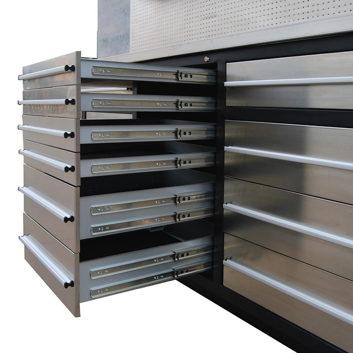 TMG Industrial Pro Series 10-FT 20 Drawer Stainless Steel Workbench Cabinet Combo, Stainless Steel Tabletop, Pegboard and Drawer Fronts, 20 Lockable Drawers, Wall-Mounted Cabinets, Adjustable Shelving, Fully All-in-one Welded Frame, TMG-WBC20DS