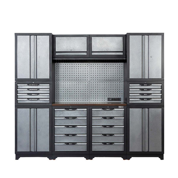 TMG Industrial 8’ Extreme-Duty Steel Garage Tool Chest w/Pegboard, 18 Drawers and Multi Cabinets, Power Outlets, USB Port, Magnetic Motion LED Lamps, TMG-WBM08