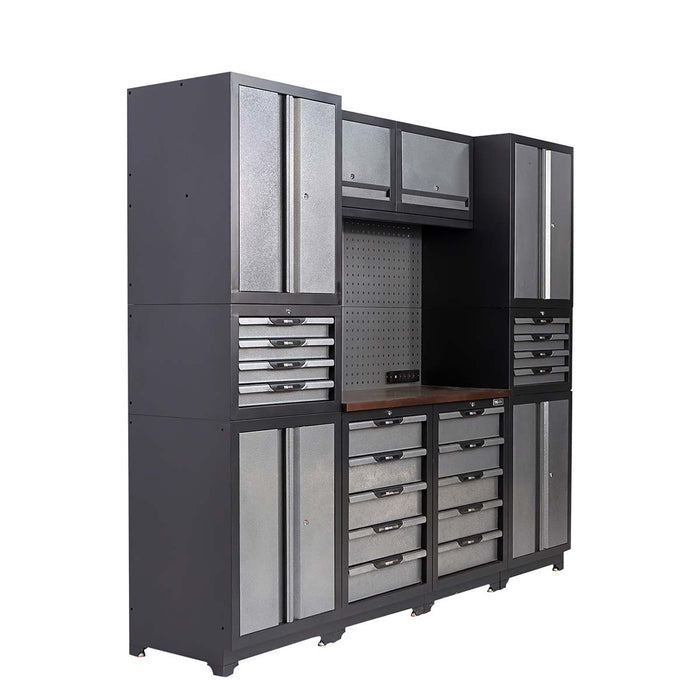 TMG Industrial 8’ Extreme-Duty Steel Garage Tool Chest w/Pegboard, 18 Drawers and Multi Cabinets, Power Outlets, USB Port, Magnetic Motion LED Lamps, TMG-WBM08