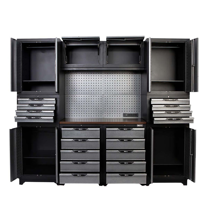 TMG Industrial 8’ Extreme-Duty Steel Garage Tool Chest w/Pegboard, 18 Drawers and Multi Cabinets, Power Outlets, USB Port, Magnetic Motion LED Lamps, TMG-WBM08