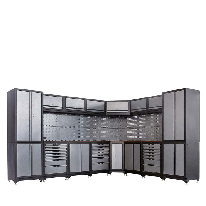 TMG Industrial Extreme-Duty Steel Garage Corner (13’ + 8’) Tool Chest w/Pegboard, Power Outlets, USB Port, Magnetic Motion LED Lamps, TMG-WBM15