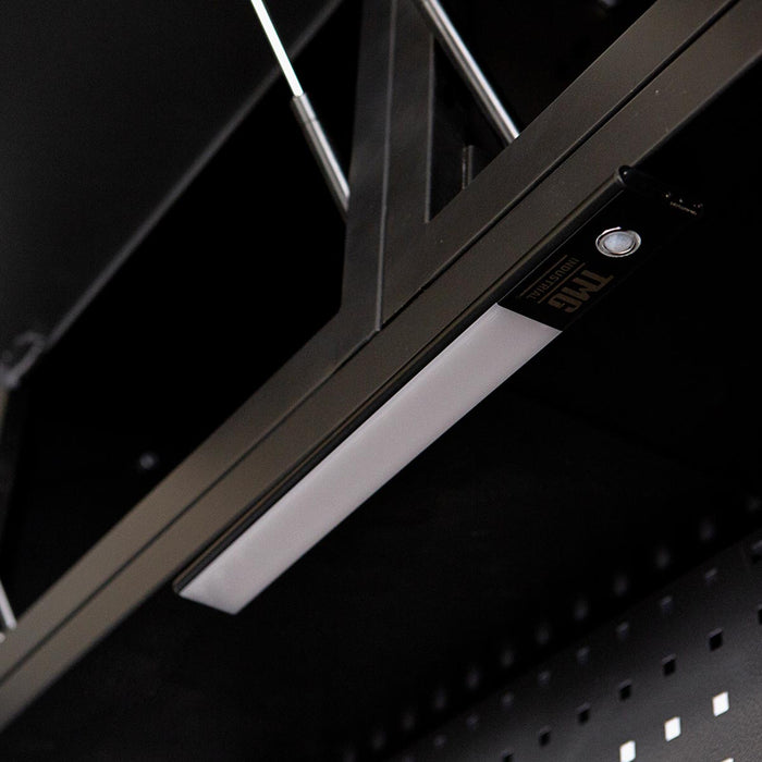 TMG Industrial Extreme-Duty Steel Garage Corner (13’ + 8’) Tool Chest w/Pegboard, Power Outlets, USB Port, Magnetic Motion LED Lamps, TMG-WBM15