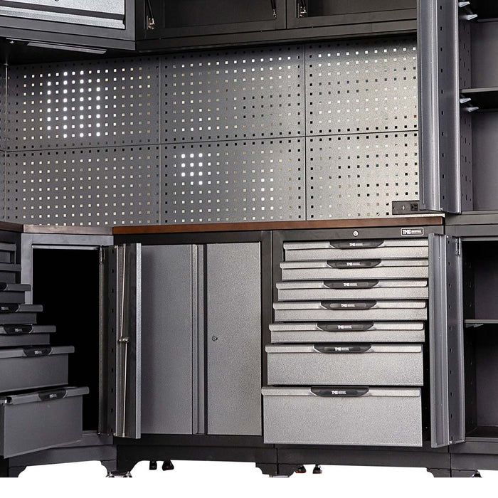 TMG Industrial Extreme-Duty Steel Garage Corner (13’ + 8’) Tool Chest w/Pegboard, Power Outlets, USB Port, Magnetic Motion LED Lamps, TMG-WBM15