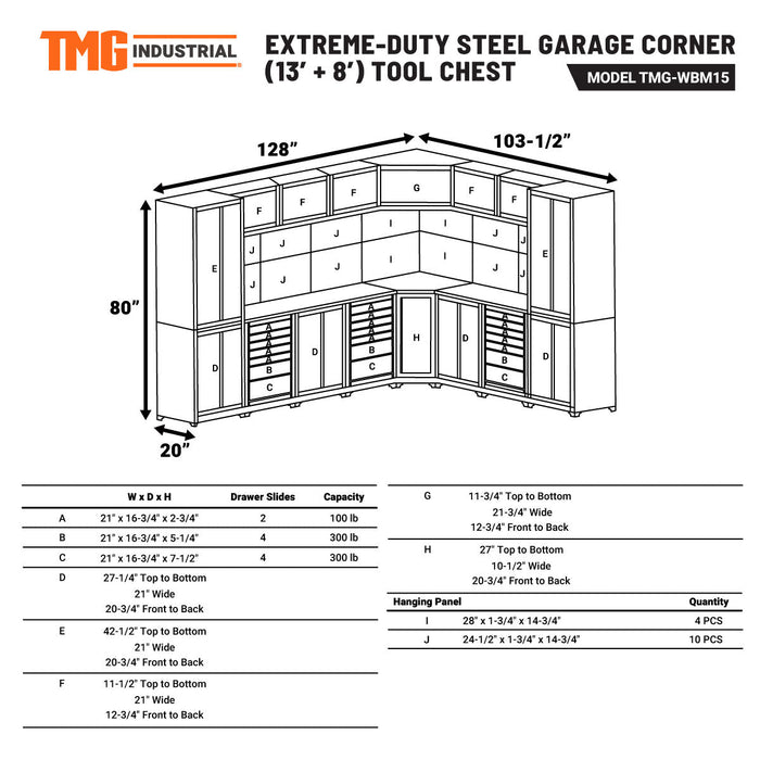 TMG Industrial Extreme-Duty Steel Garage Corner (13’ + 8’) Tool Chest w/Pegboard, Power Outlets, USB Port, Magnetic Motion LED Lamps, TMG-WBM15